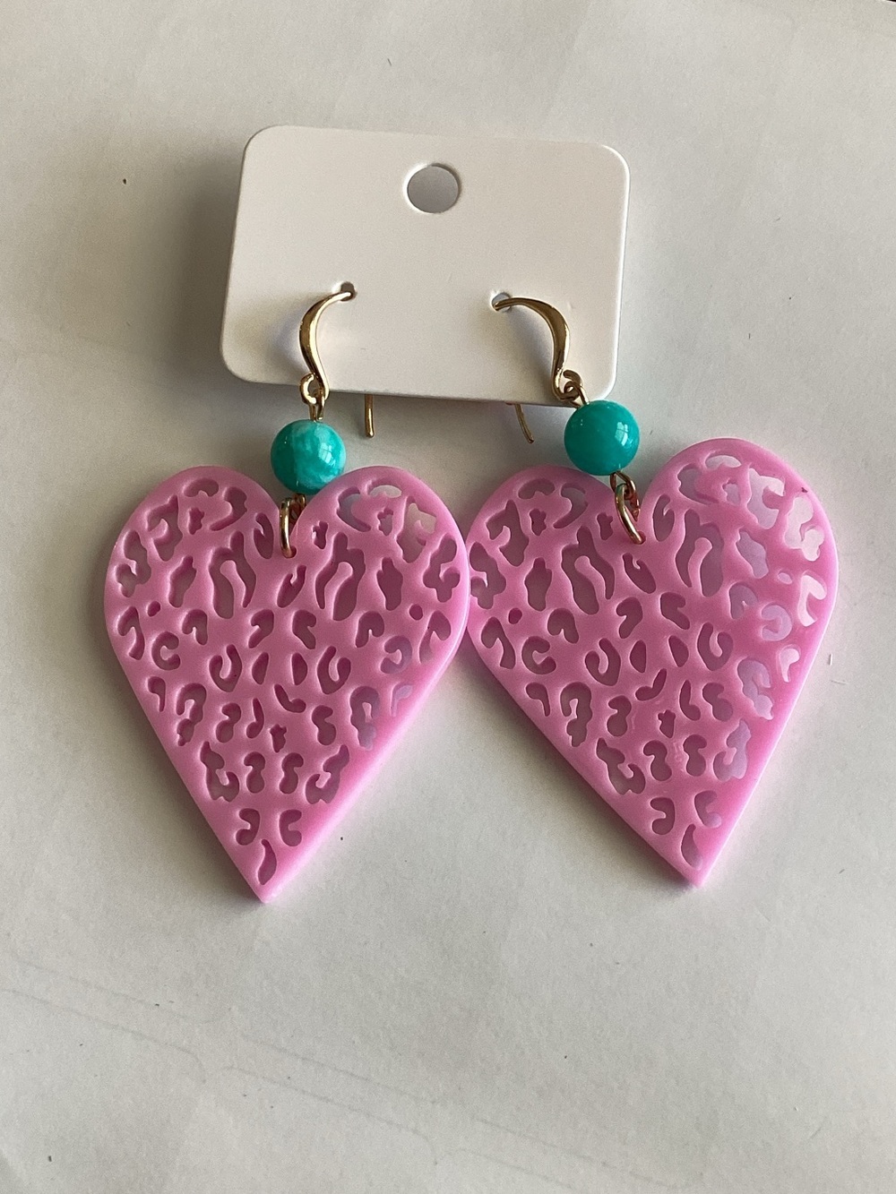 Pink Heart Filigree Drop Earrings with Turquoise‎ Accent